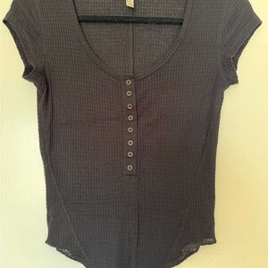 Free People Black Ribbed Scoop Henley Tee